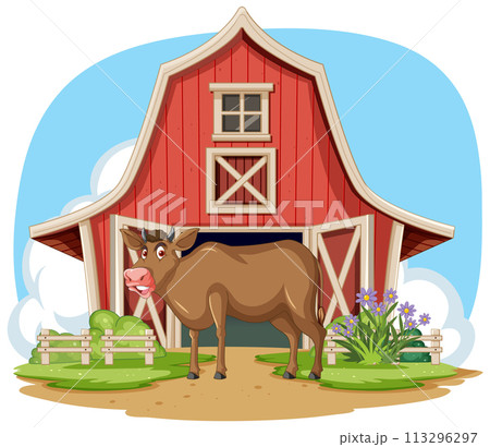 Happy Cow Beside Red Barn Illustration Happy Cow Beside Red Barn Illustration 113296297