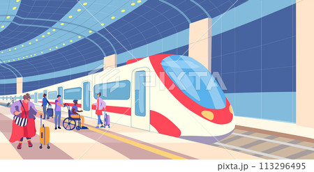 Train station in the evening. Passenger carriages on a platform with people. Inclusion human. Fat woman. Waiting passengers with luggage. Meeting people. Vector illustration Train station in the evening. Passenger carriages on a platform with people. Inclusion human. Fat woman. Waiting passengers with luggage. Meeting people. Vector illustration 113296495