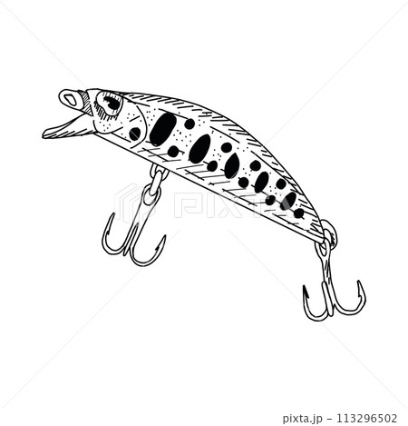 Fish hook minnow vector illustration tackle. Fly gudgeon spinner lure feeding. Bait line drawing. Ink silhouette Black outline graphic. Fishing spoon angler tool. Sharp triple catch sport equipment 113296502