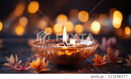 Happy Diwali, Indian festival of lights Diwali symbolizes the victory of light over darkness, of good over evil and knowledge over ignorance. banner, copy space, background, text. 113296577