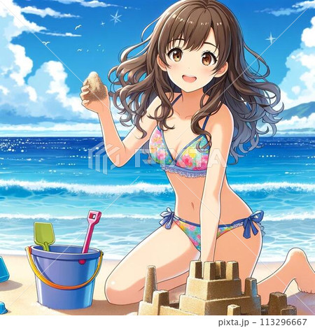 海で遊ぶ女の子 113296667