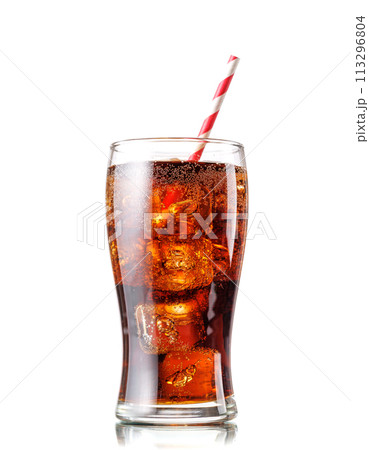 Cola with ice in glass isolated on white Cola with ice in glass isolated on white 113296804