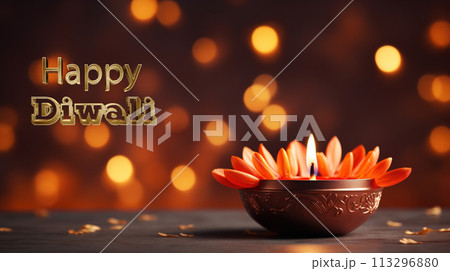 Happy Diwali, Indian festival of lights Diwali symbolizes the victory of light over darkness, of good over evil and knowledge over ignorance. banner, copy space, background, text. 113296880