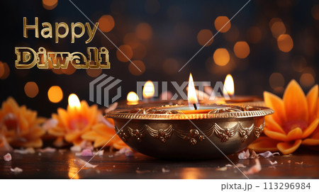 Happy Diwali, Indian festival of lights Diwali symbolizes the victory of light over darkness, of good over evil and knowledge over ignorance. banner, copy space, background, text. 113296984