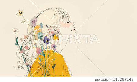 小さな花束と微笑んで目を閉じ上を見る女性の横顔 小さな花束と微笑んで目を閉じ上を見る女性の横顔 113297145