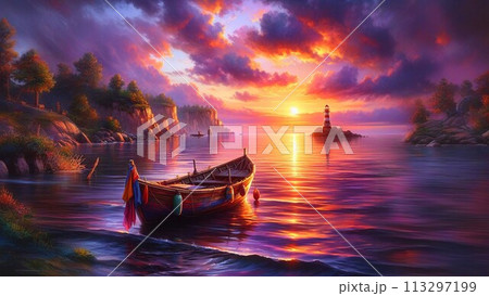 神秘的な夜の湖、海岸 神秘的な夜の湖、海岸 113297199