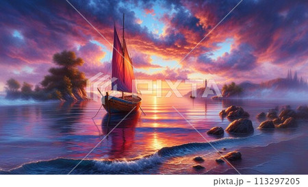 神秘的な夜明けの海岸 113297205