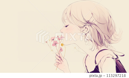 花にキスをする女性の横顔 113297218