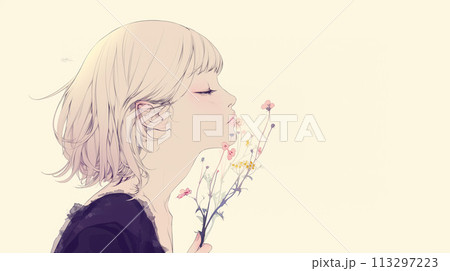 花にキスをする女性の横顔 113297223