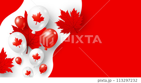 Canada day banner design of balloons and maple leaves on red background with copy space Vector illustration 113297232