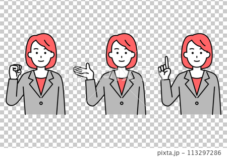 Set of poses of a woman in a suit raising her right hand Set of poses of a woman in a suit raising her right hand 113297286