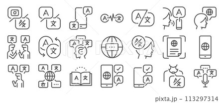 Translation icon set. It includes translator, translate, app, and more icons. Editable Vector Stroke. 113297314