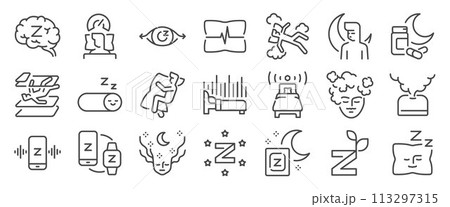 Sleep icon set. It includes sleepy, asleep, dream, deep sleep, sleeping and more icons. Editable Vector Stroke. 113297315
