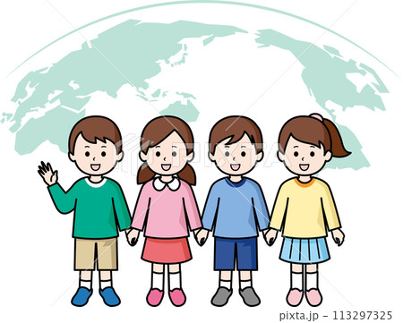 手をつなぐ子供たちと世界地図 113297325