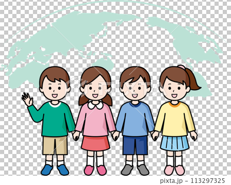 手をつなぐ子供たちと世界地図 113297325