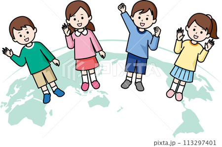 ポーズをとる子供たちと世界地図 113297401