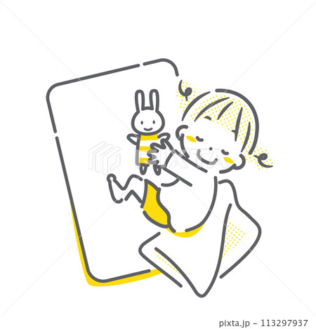 寝相の悪い女の子　シンプルでお洒落な線画イラスト 113297937