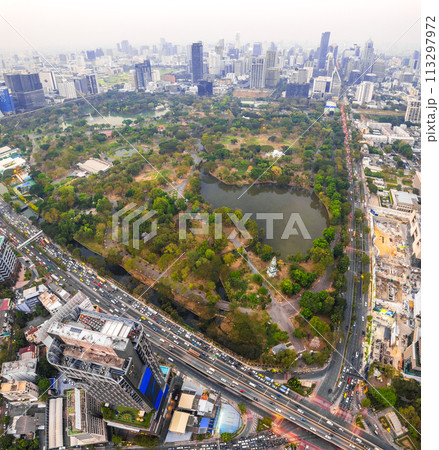 Aerial view of Lumpini district at sunet in Bangkok, Thailand Aerial view of Lumpini district at sunet in Bangkok, Thailand 113297972
