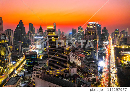 Aerial view of Lumpini district at sunet in Bangkok, Thailand Aerial view of Lumpini district at sunet in Bangkok, Thailand 113297977