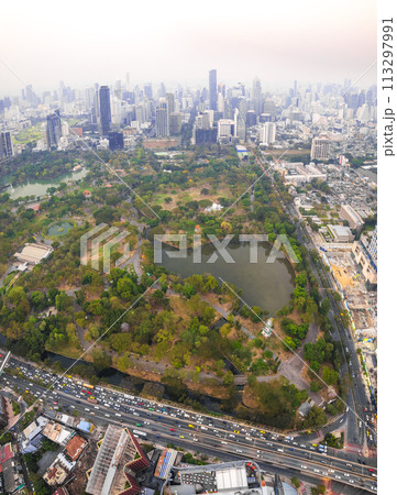 Aerial view of Lumpini district at sunet in Bangkok, Thailand Aerial view of Lumpini district at sunet in Bangkok, Thailand 113297991