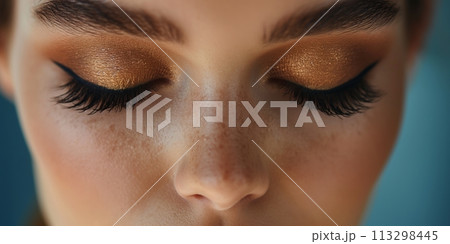 A close up of perfect winged eyeliner and shimmering eyeshadow, paired with full, fluttering lashes 113298445