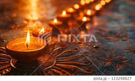 Diyas Lit and Sun Design Surface. Diwali Celebrations, Sinhala New Year Greeting Card. AI Generated Diyas Lit and Sun Design Surface. Diwali Celebrations, Sinhala New Year Greeting Card. AI Generated 113298627