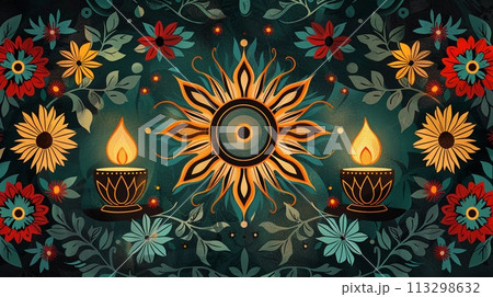 Floral and Sun Motifs With Lit Diyas Banner. Diwali or Sinhala New Year Celebration. AI Generated 113298632