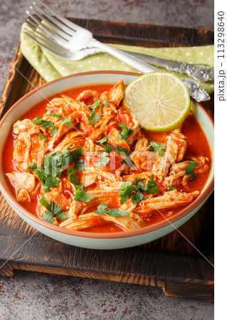 Salsa chicken combines taco seasoned chicken breasts with tomato salsa close-up in a bowl. Vertical Salsa chicken combines taco seasoned chicken breasts with tomato salsa close-up in a bowl. Vertical 113298640