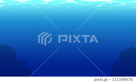 岩のシルエットが見える青く深い海中のイラスト背景、アスペクト比16:9 岩のシルエットが見える青く深い海中のイラスト背景、アスペクト比16:9 113298678