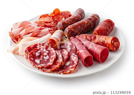 Charcuterie board on white background. Italian antipasti or Spanish tapas 113299039