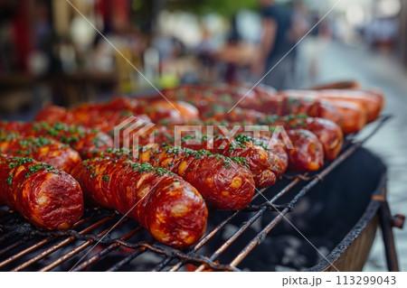 Grilled Portuguese chorizos garnished with...のイラスト素材 [113299043] - PIXTA