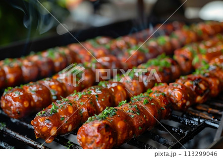 Grilled Portuguese chorizos garnished with...のイラスト素材 [113299046] - PIXTA