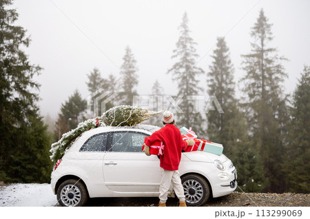 Woman travels by car in mountains during winter holidays 113299069