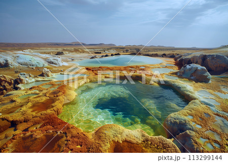 geothermal water outlet with bright mineral deposits in desert volcanic area 113299144