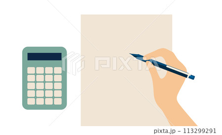 用紙にペンで書く手元と電卓イラスト 113299291