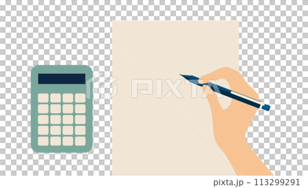 用紙にペンで書く手元と電卓イラスト 113299291