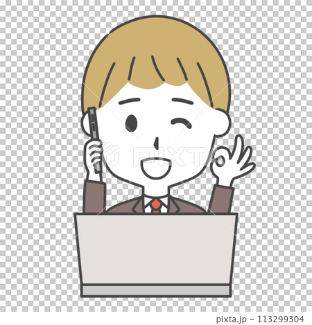 A man in a suit making an OK sign while making a phone call in front of a computer A man in a suit making an OK sign while making a phone call in front of a computer 113299304