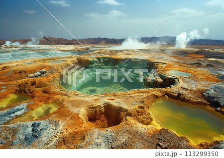 landscape with colorful hot springs in a volcanic area landscape with colorful hot springs in a volcanic area 113299350