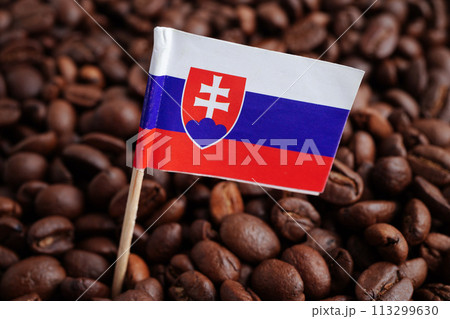 Slovakia flag on coffee beans, shopping online for export or import food product. Slovakia flag on coffee beans, shopping online for export or import food product. 113299630