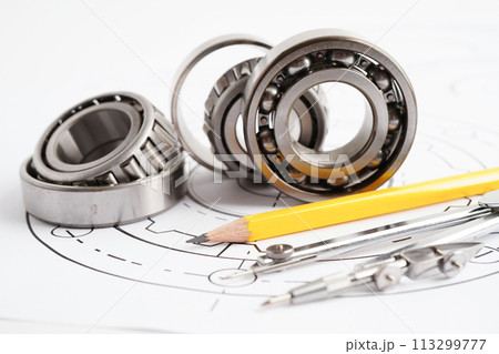 Engineering and precision tools with metal ball bering, mechanical industrial. 113299777