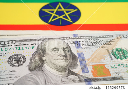Ethiopia flag with US dollar banknote, finance banking concept. 113299778