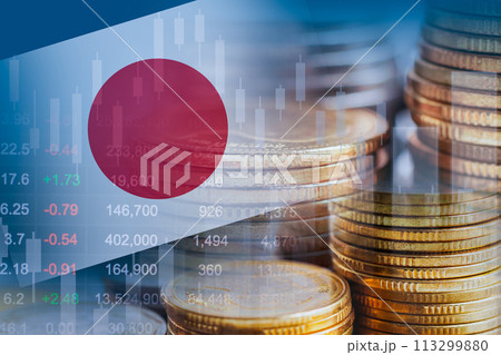 Japan flag with stock market finance, economy trend graph digital technology. Japan flag with stock market finance, economy trend graph digital technology. 113299880