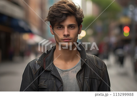 A young man is standing on a city street wearing a leather jacket A young man is standing on a city street wearing a leather jacket 113299988