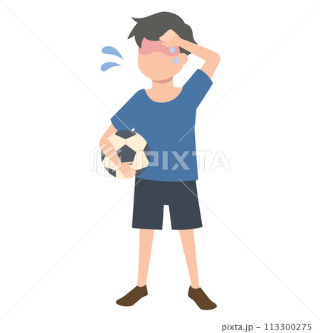 サッカーボールを持って汗をかいている男の子のイラスト 113300275