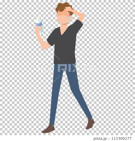 ペットボトルを持って汗をかいている男性のイラスト 113300277