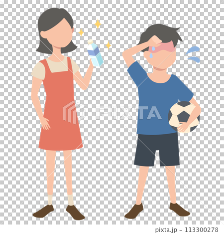 Illustration of a sweaty boy and a girl holding water 113300278