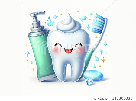 A happy tooth illustration. Cartoon dental character. Cute dentist mascot. Medical dentist tool. A happy tooth illustration. Cartoon dental character. Cute dentist mascot. Medical dentist tool. 113300339