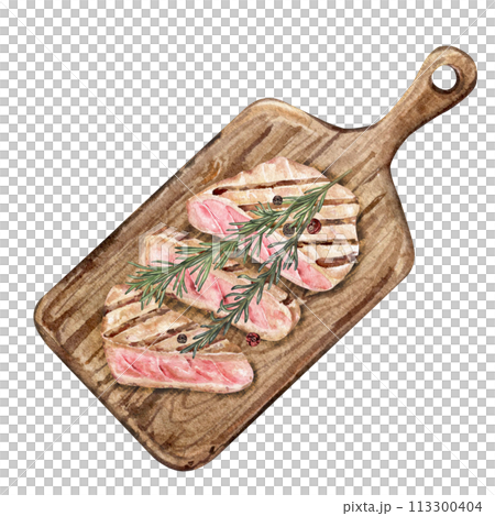 Grilled tuna steak served on a wooden cutting board 113300404