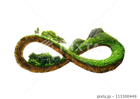 3d illustration of infinity environment concept. infinite earth land with green grass isolated. Eco and circular economy concept. 3d illustration of infinity environment concept. infinite earth land with green grass isolated. Eco and circular economy concept. 113300449