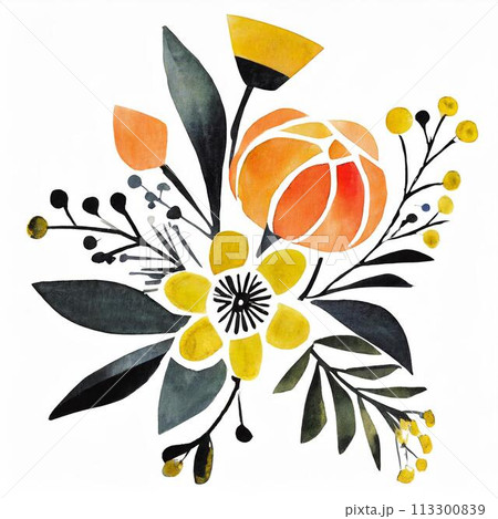 水彩で描いたオレンジと黄色の花のイラスト 113300839